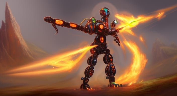 Humanoid Robot with Flamethrower, Detailed Matte Painting