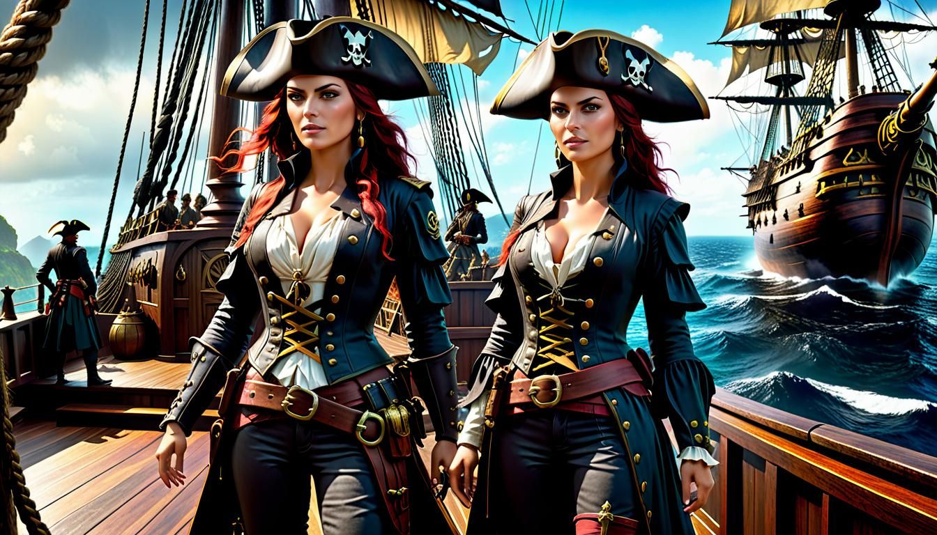 Anne Bonny and Mary Read on the deck of their ship, ready to board a ship