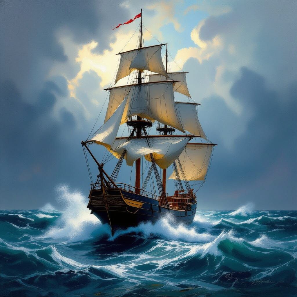 Majestic Tall Ship in Stormy Seas Oil Painting