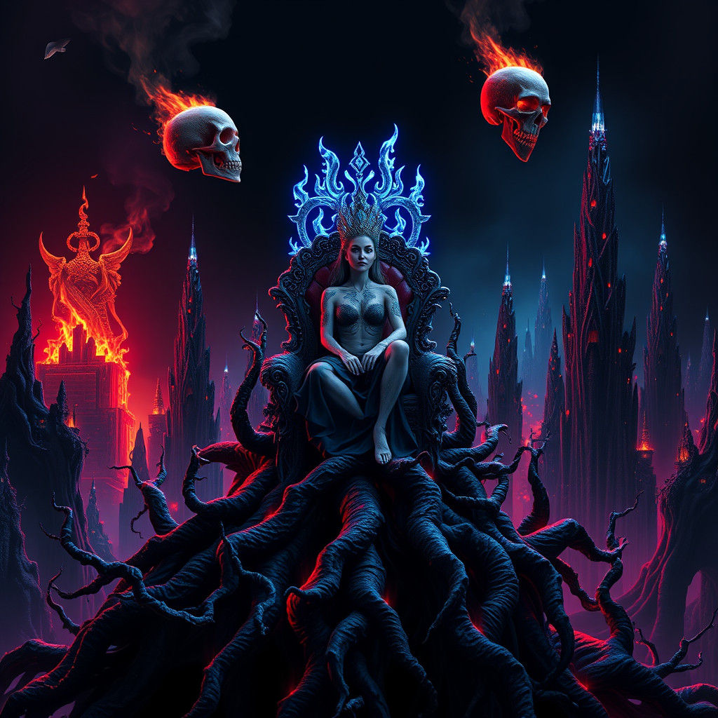 Infernal Queen Enthroned in Dark Surreal Landscape