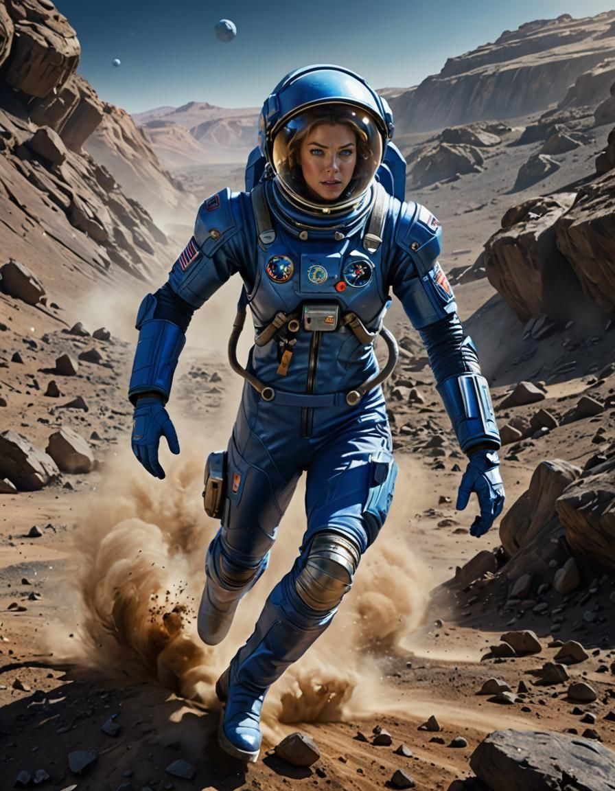 Astronaut Running on Asteroid: Hyperrealistic Action Concept...