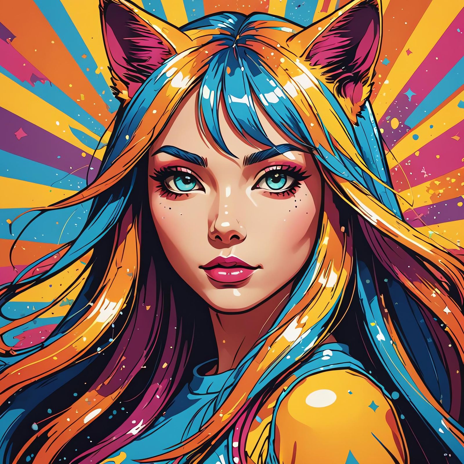 Vibrant Pop Art Catgirl with Colorful Hair