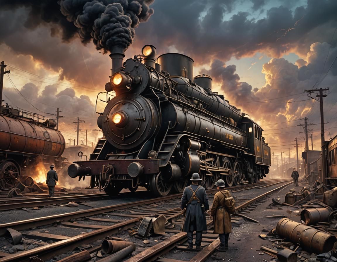 Grimdark Dieselpunk Railway Scene in 1940s Style