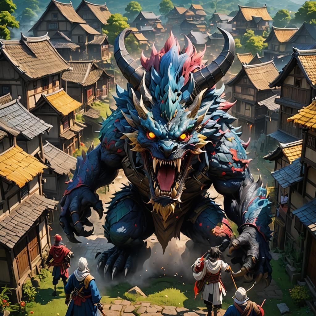 Anime Monster Village Raid: Hyperrealistic Concept Art