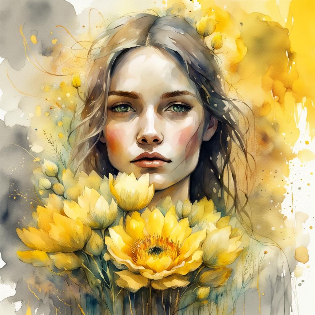 Woman with Yellow Bouquet: Digital Watercolor Art