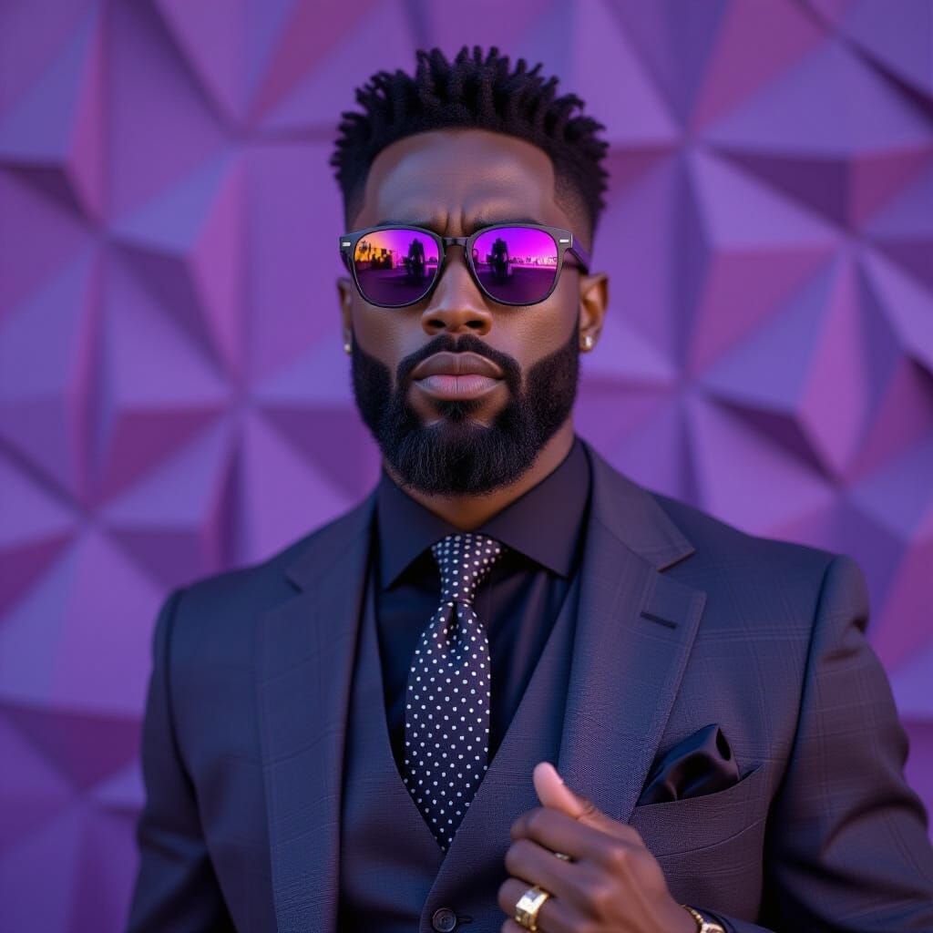 Confident Man in Charcoal Suit with Purple Lighting