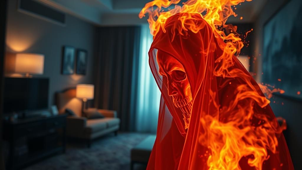 Fiery Ghost Haunts Hotel Room in Hyperrealistic Style