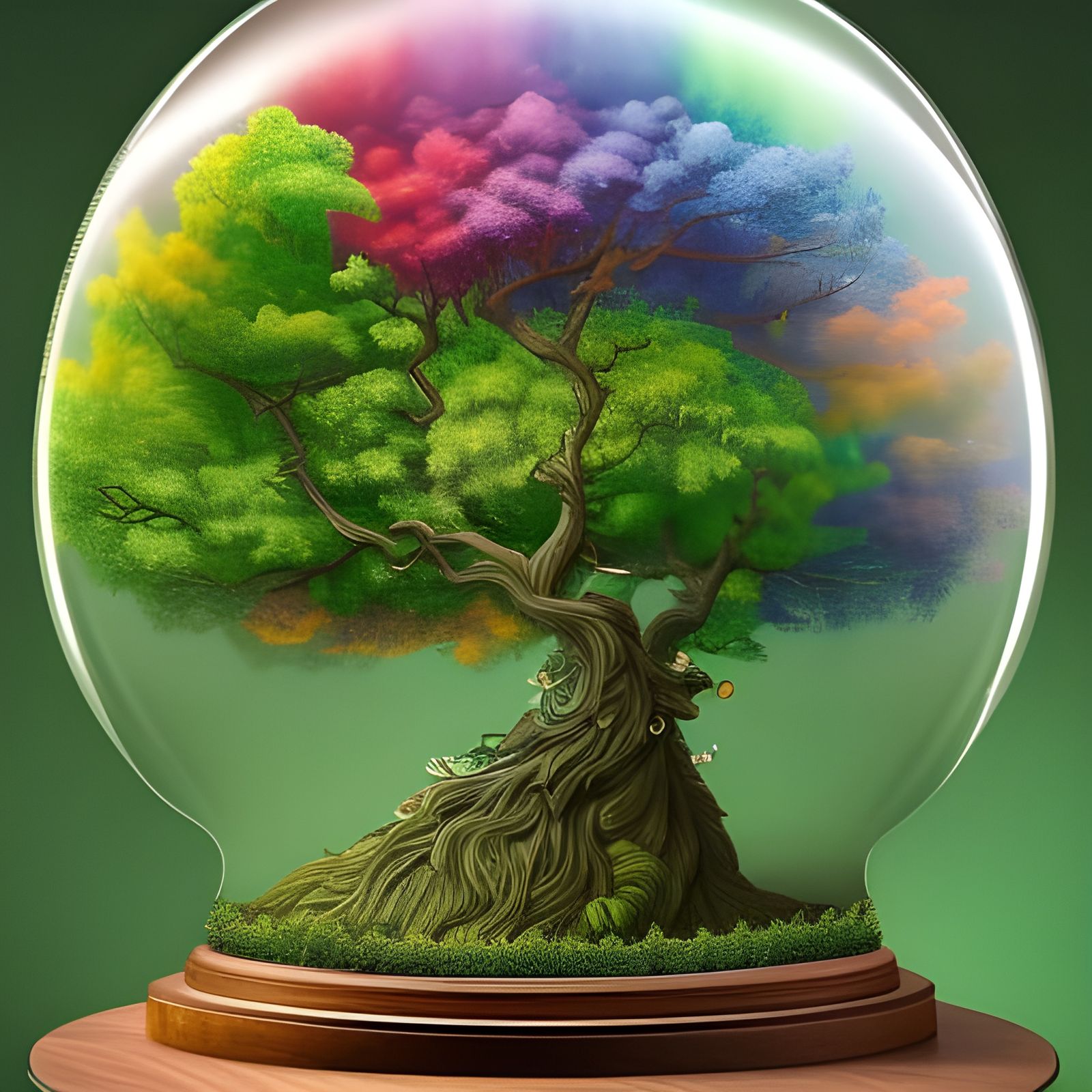 Rainbow Unicorn Tree in Glass Dome, Detailed Fantasy Art