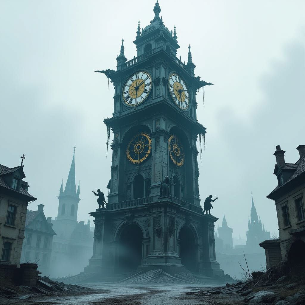 Ruined Clock Tower in Dystopian Cityscape