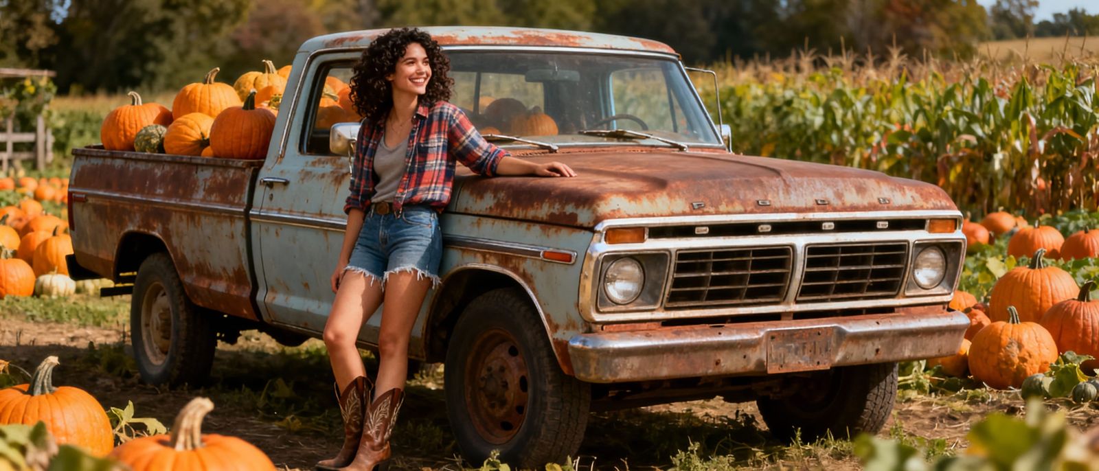 Woman With Old Ford Truck Loaded With Pumpkins