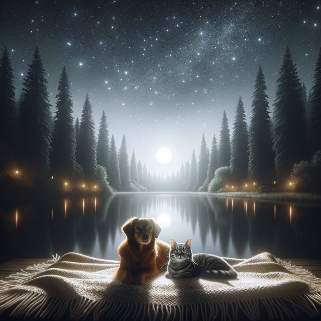 Cat and Dog Cozy Night Scene Under Moonlit Stars