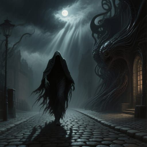 Menacing Figure on Cobblestone Street in Dark Fantasy Style