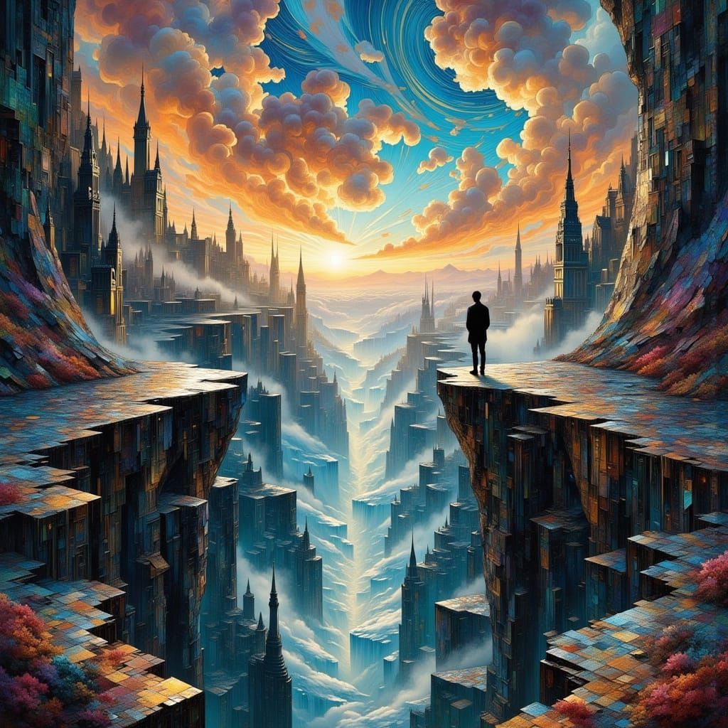 Figure Gazing into Cyberpunk Abyss in Art Nouveau Style