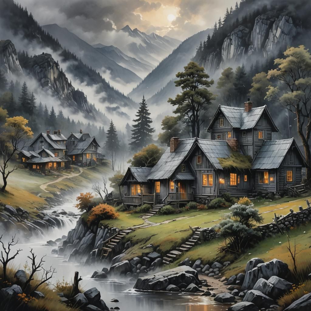 Misty Mountain Cottage in Watercolor and Ink