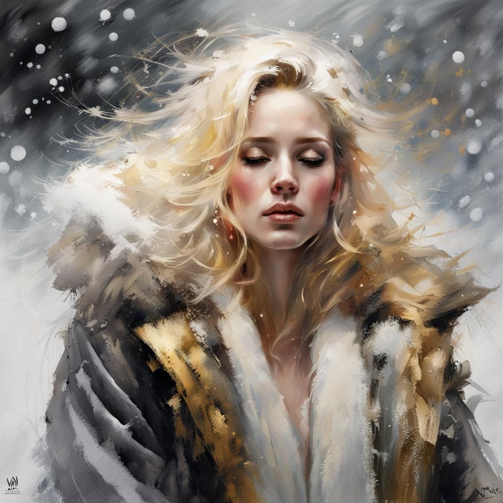 Woman in Fur Coat with Snow: A Painted Portrait