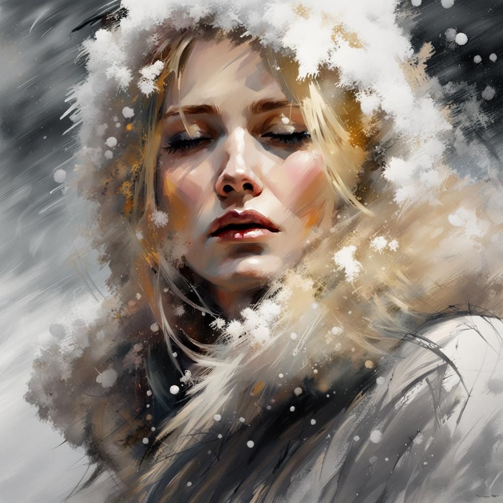 Woman in Fur Coat During Blizzard, Artful Strokes