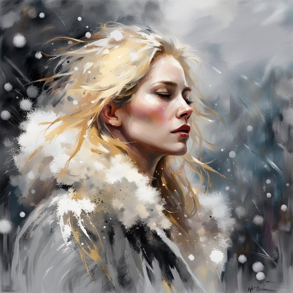 Peaceful Blizzard: Woman in Fur Coat Portrait