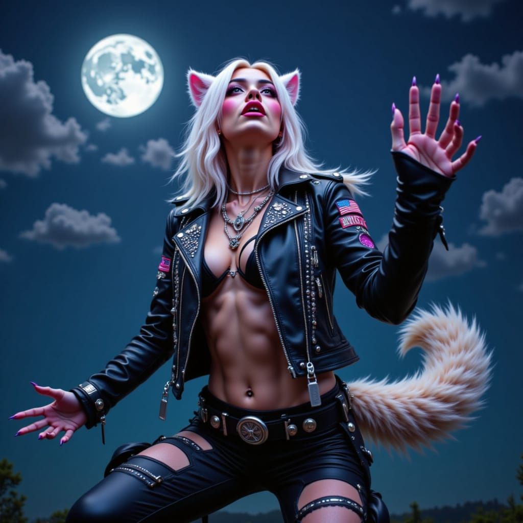 Japanese Werewolf Howling at Moon in Leather Jacket