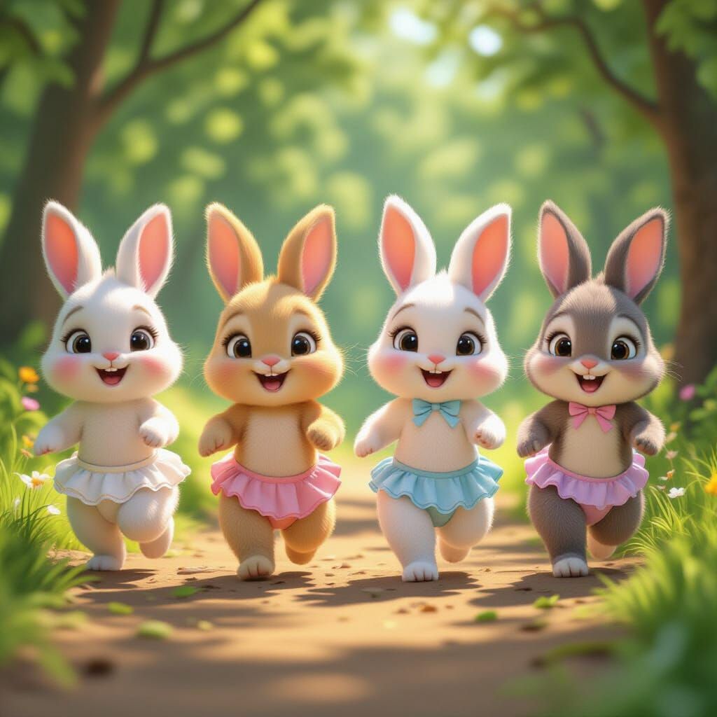Adorable Baby Bunnies Running in Whimsical Forest