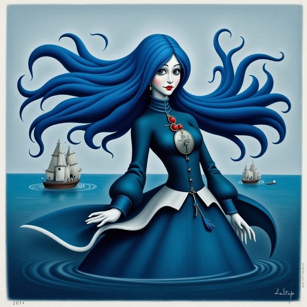Water Goddess with Flowing Blue Hair in Medieval Style