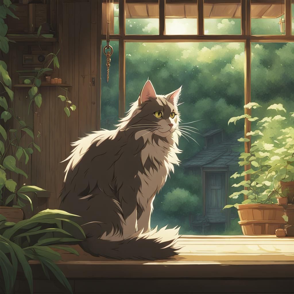 Maine Coon Cat in Studio Ghibli Anime Style