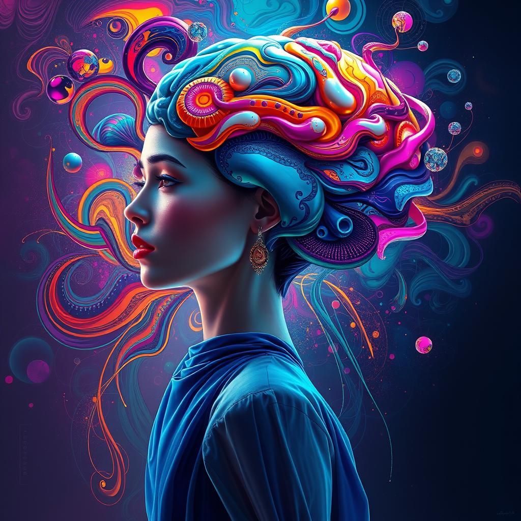 Woman with Kaleidoscope Brain in Digital Art Style