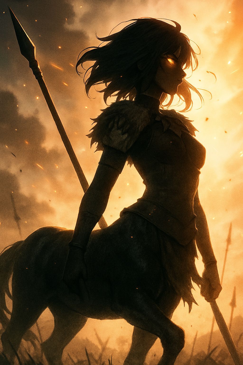 Anime Centaur Silhouette on Battlefield with Lens Flare