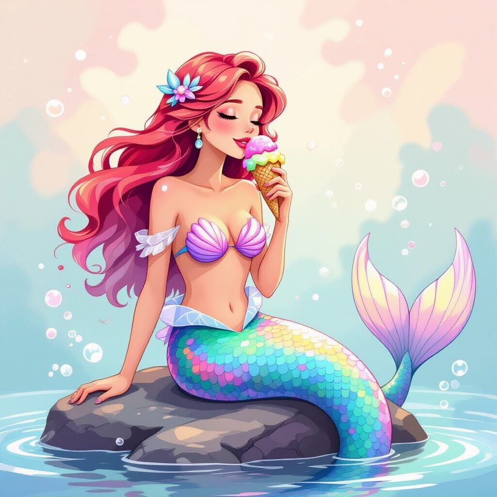 Mermaid Savoring Ice Cream in Whimsical Style