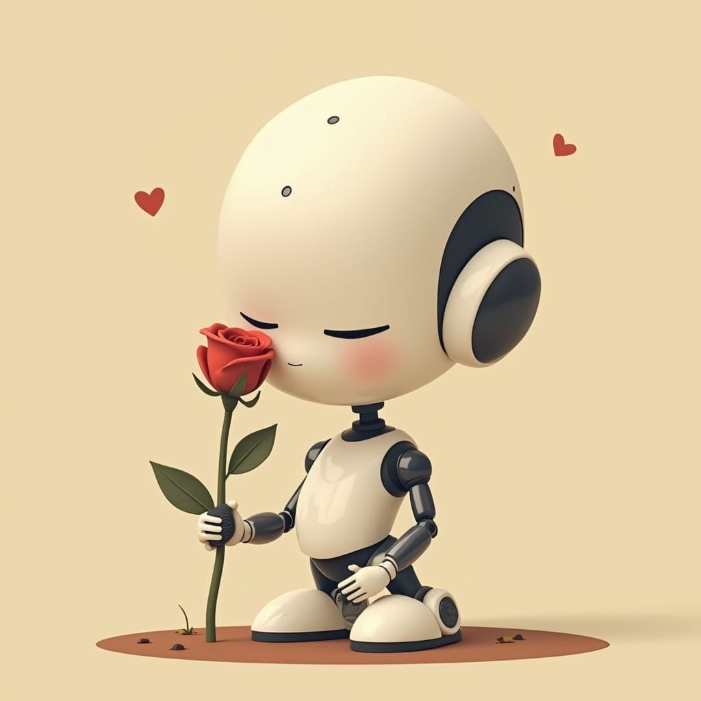 Minimalist Robot Smelling Rose in Warm Earth Tones