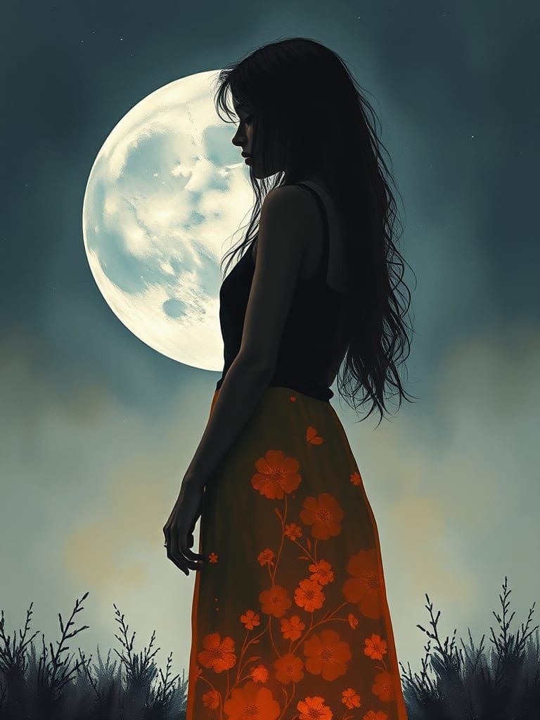 Sad Woman Silhouette in Gouache Impressionist Style