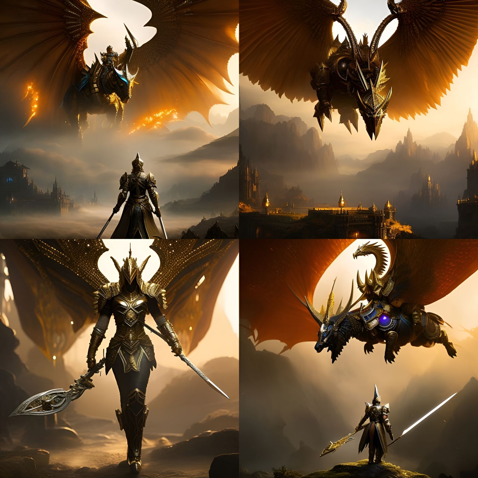 Golden Knight on Flaming Pegasus: Dark Fantasy Art