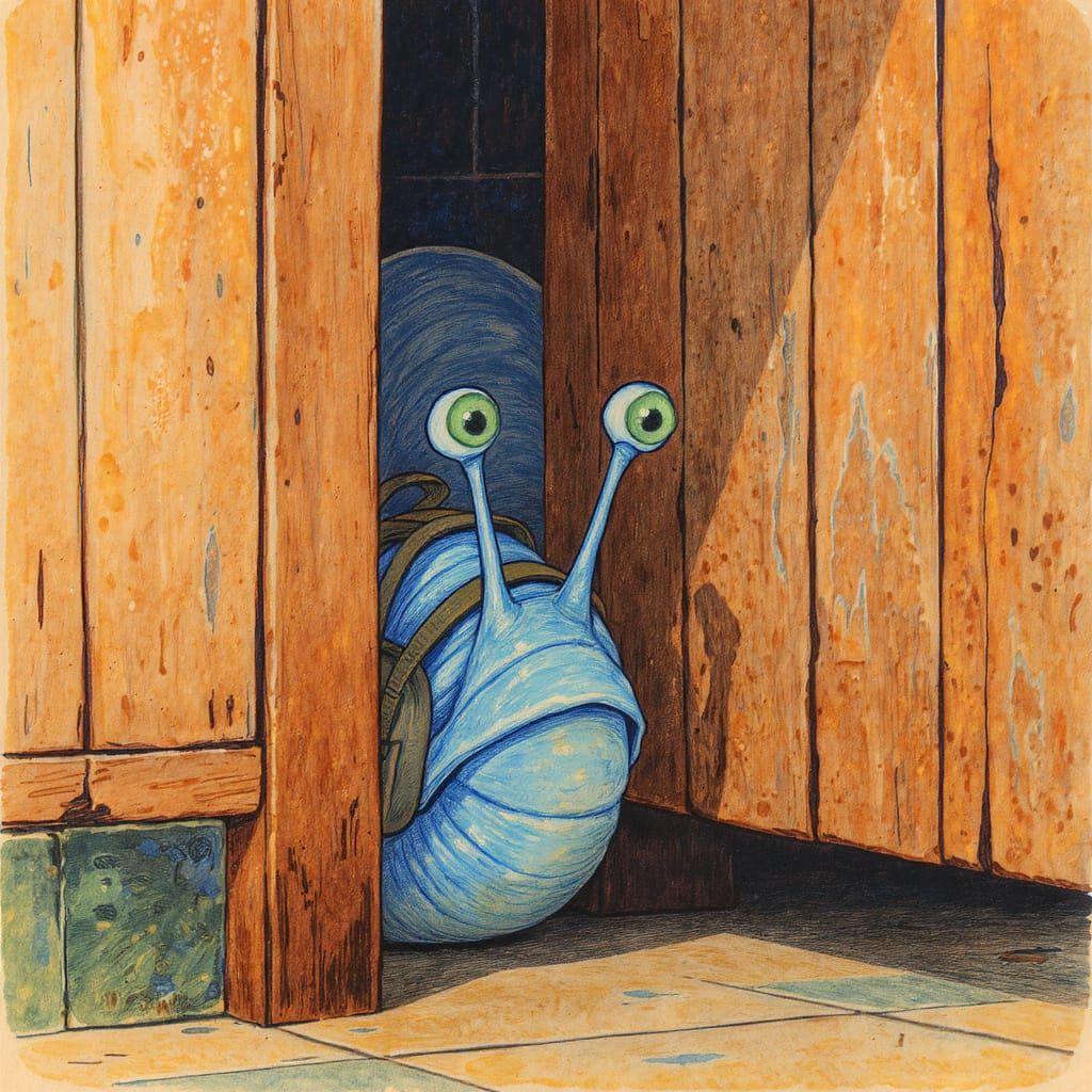 Curious Snail Peeking Under Door, Storybook Illustration