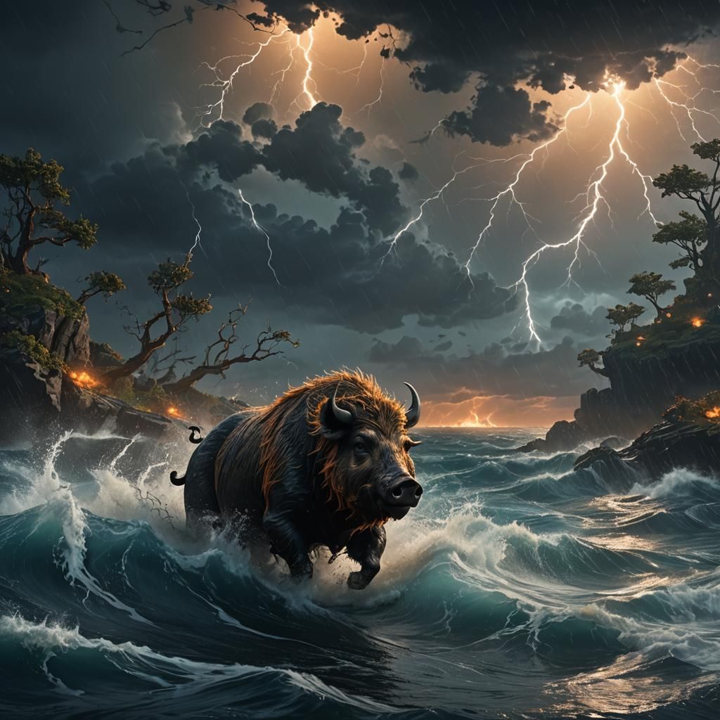 Boar in Stormy Sea: Fantasy Concept Art