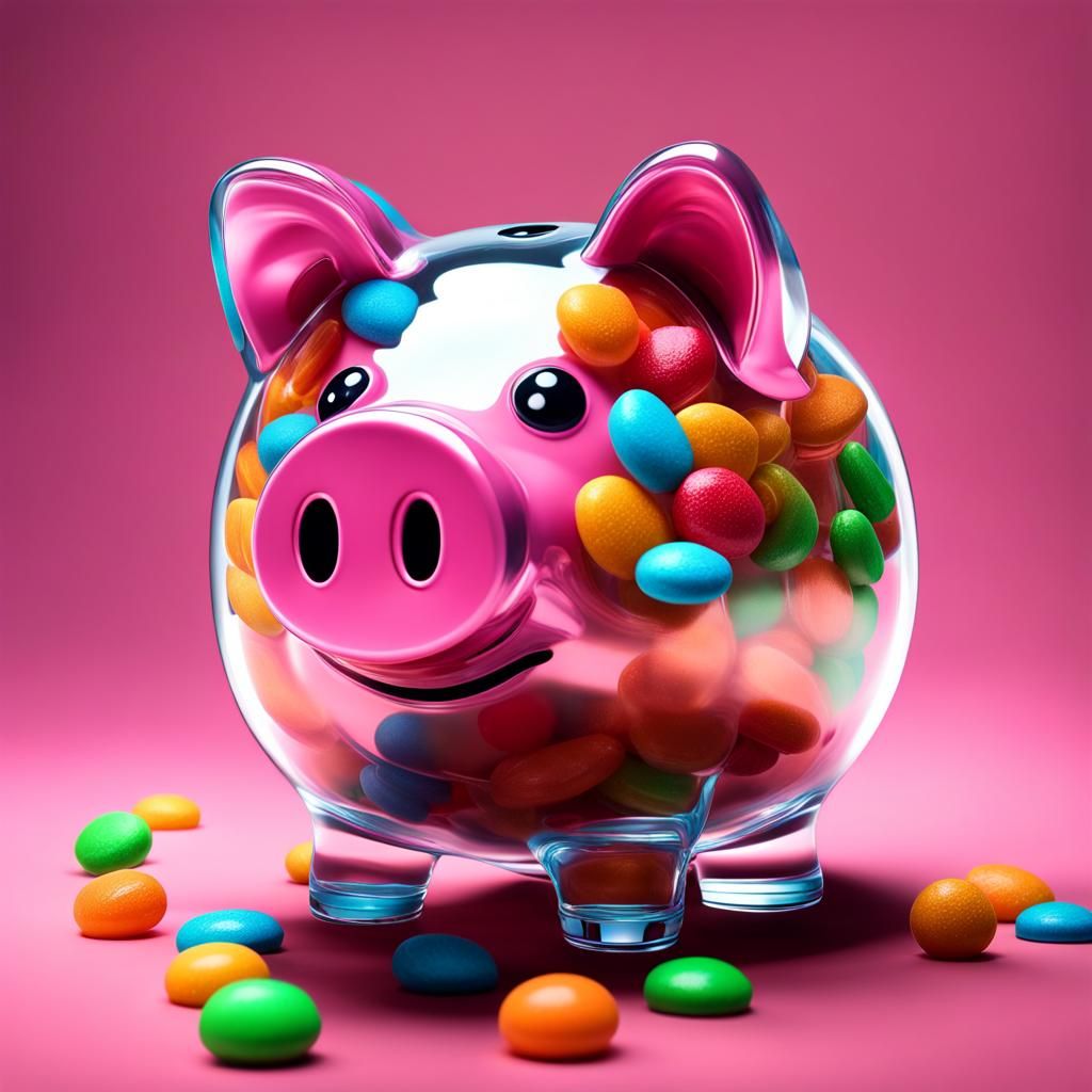 Candy-Filled Piggy Bank in Hyperrealistic Style