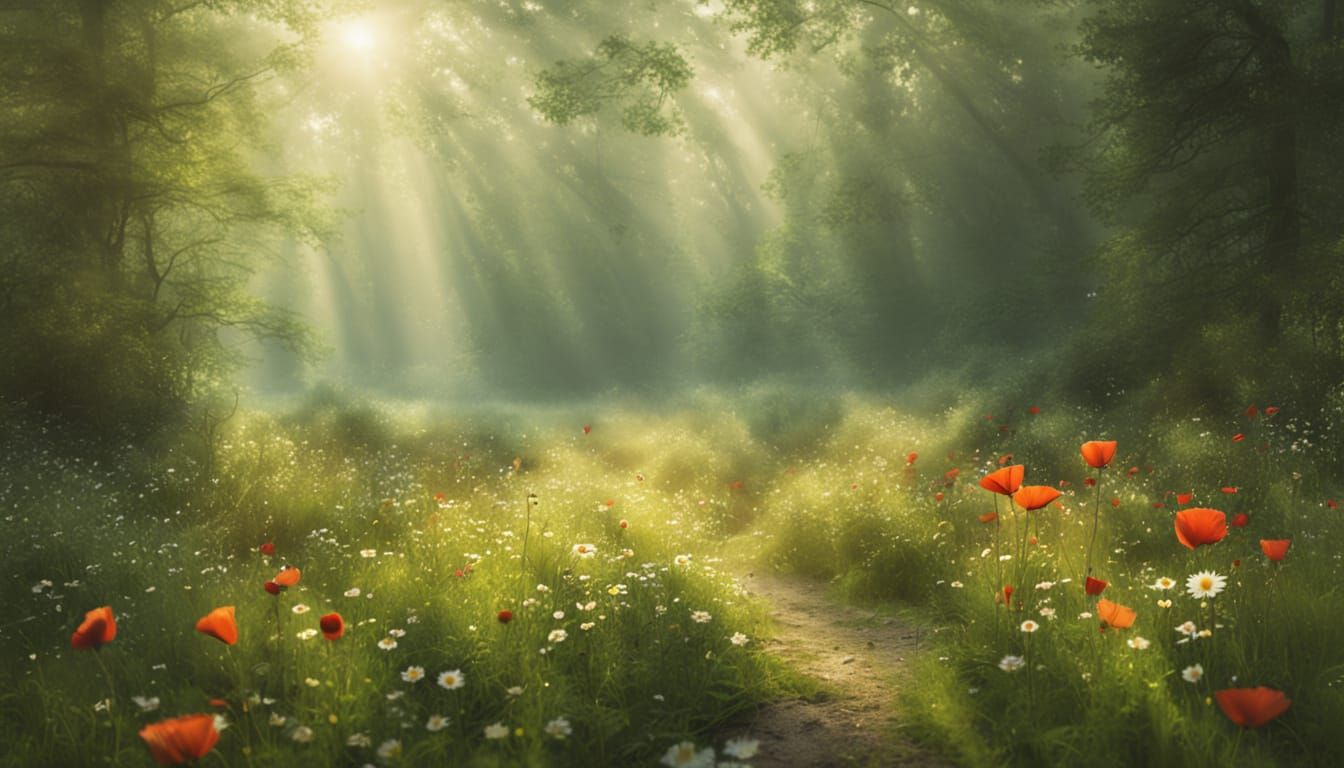 Wildflower Meadow in Misty Morning Forest