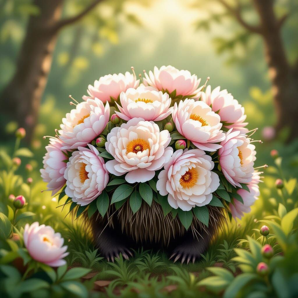 Porcupine of Peonies in Forest - Whimsical Art