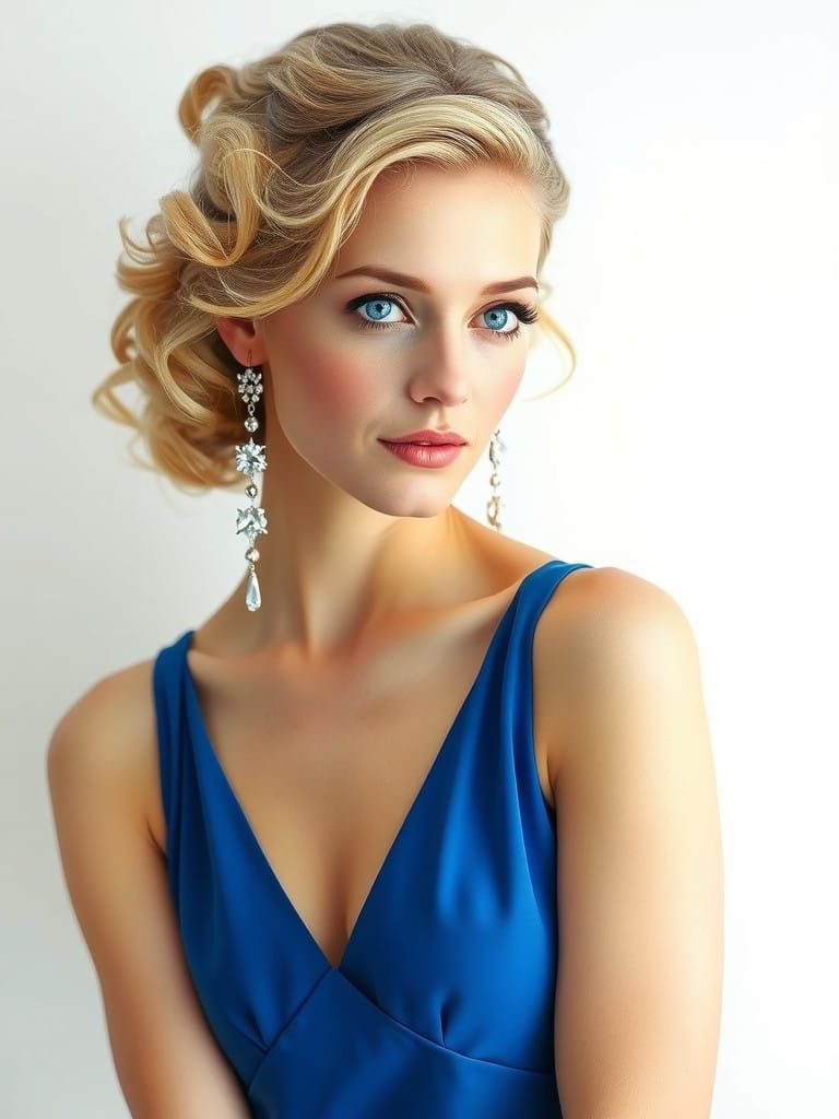 Woman in Elegant Blue Dress with Sparkling Jewelry