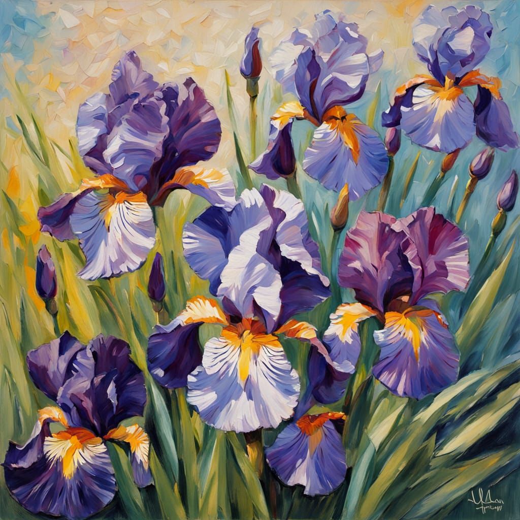 Purple Iris Heads in Vibrant Garden, Impressionist Impasto S...