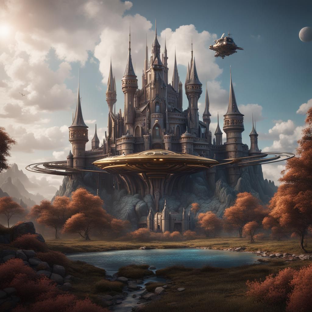 Futuristic Spaceship and Castle in Detailed Digital Painting