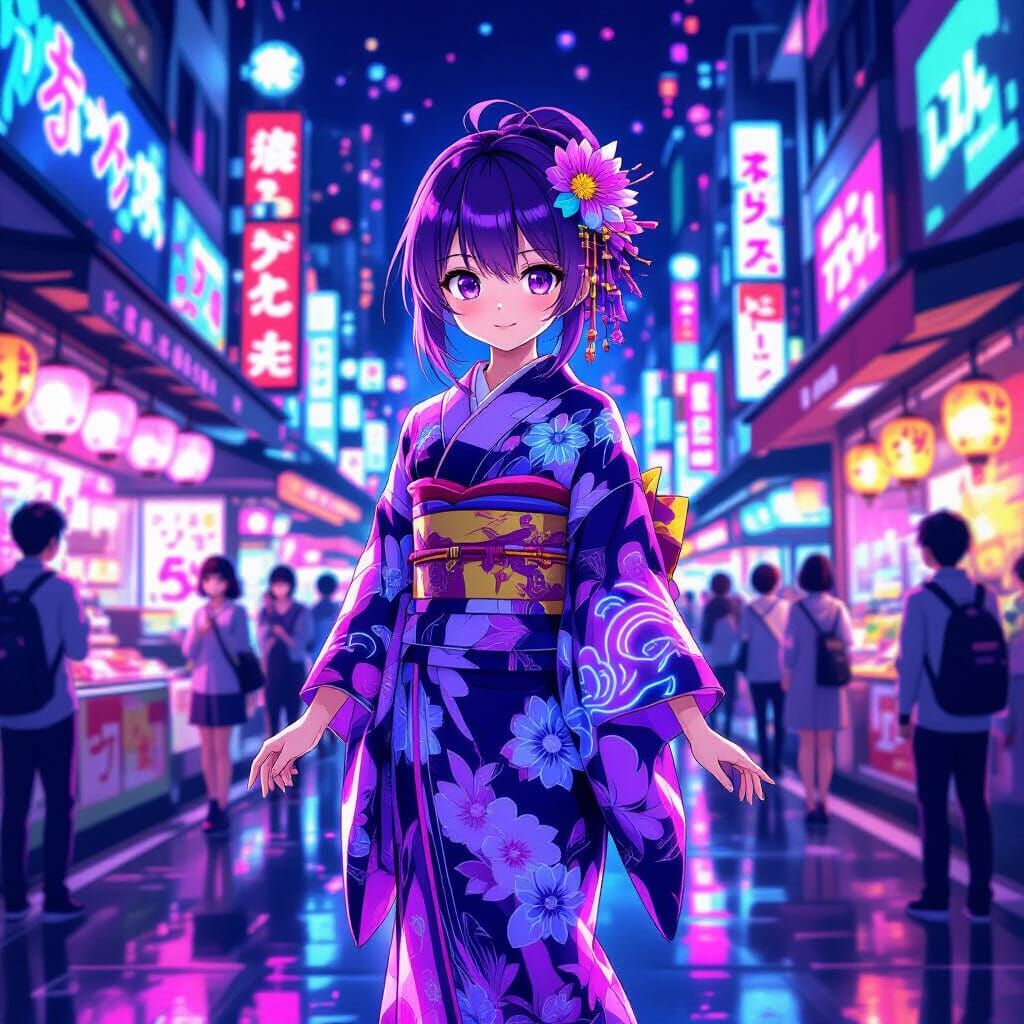 Anime Girl in Neon Marketplace, Studio Trigger Style