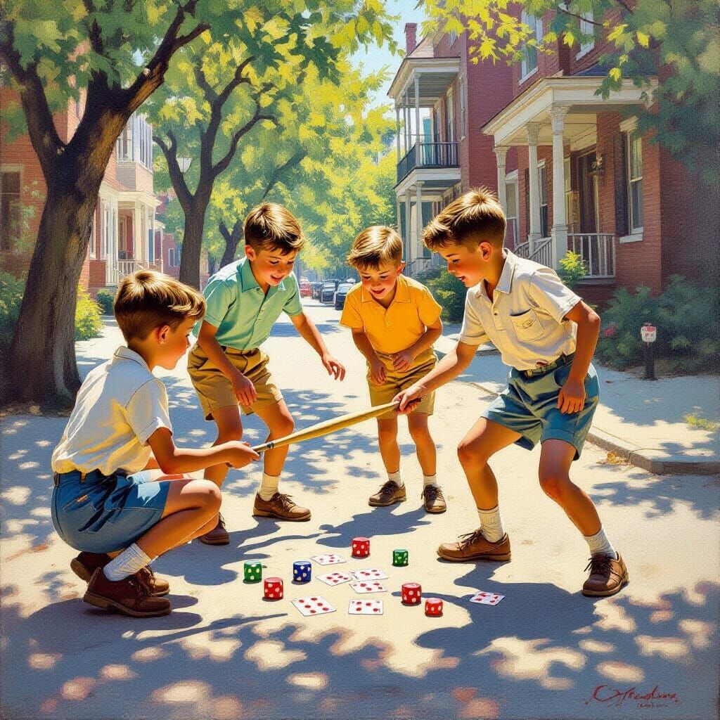 Nostalgic 1950s Stickball Game in Rockwell Style