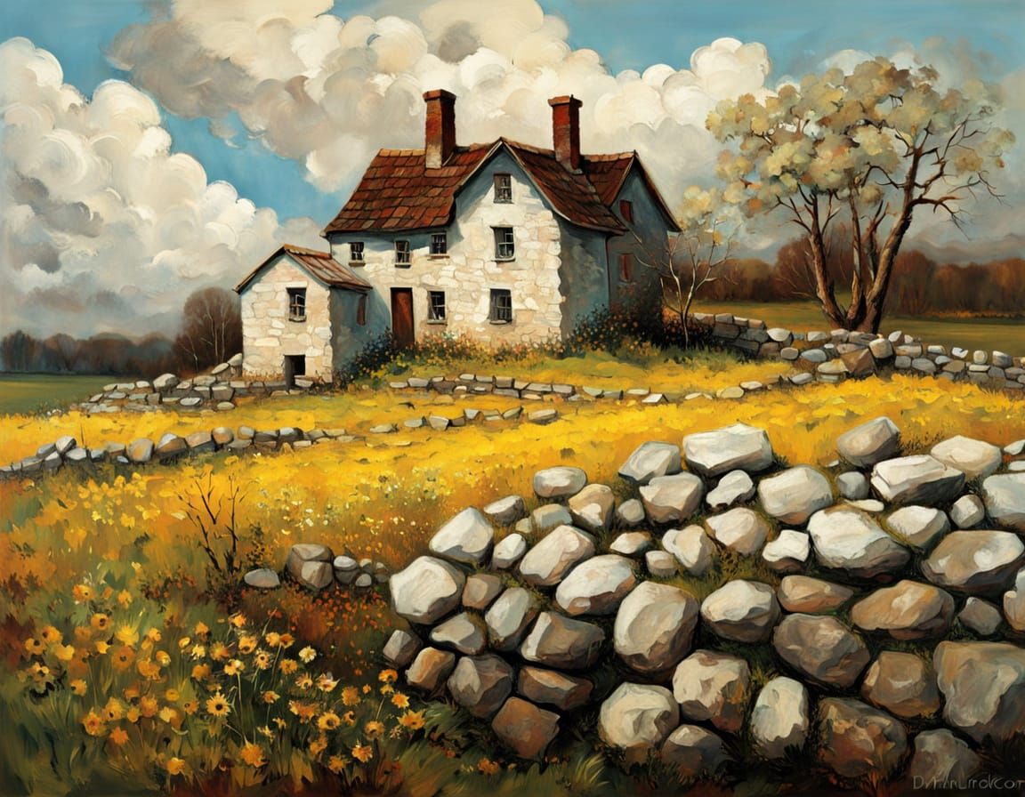 18th Century New England Farmhouse in Early Spring Landscape