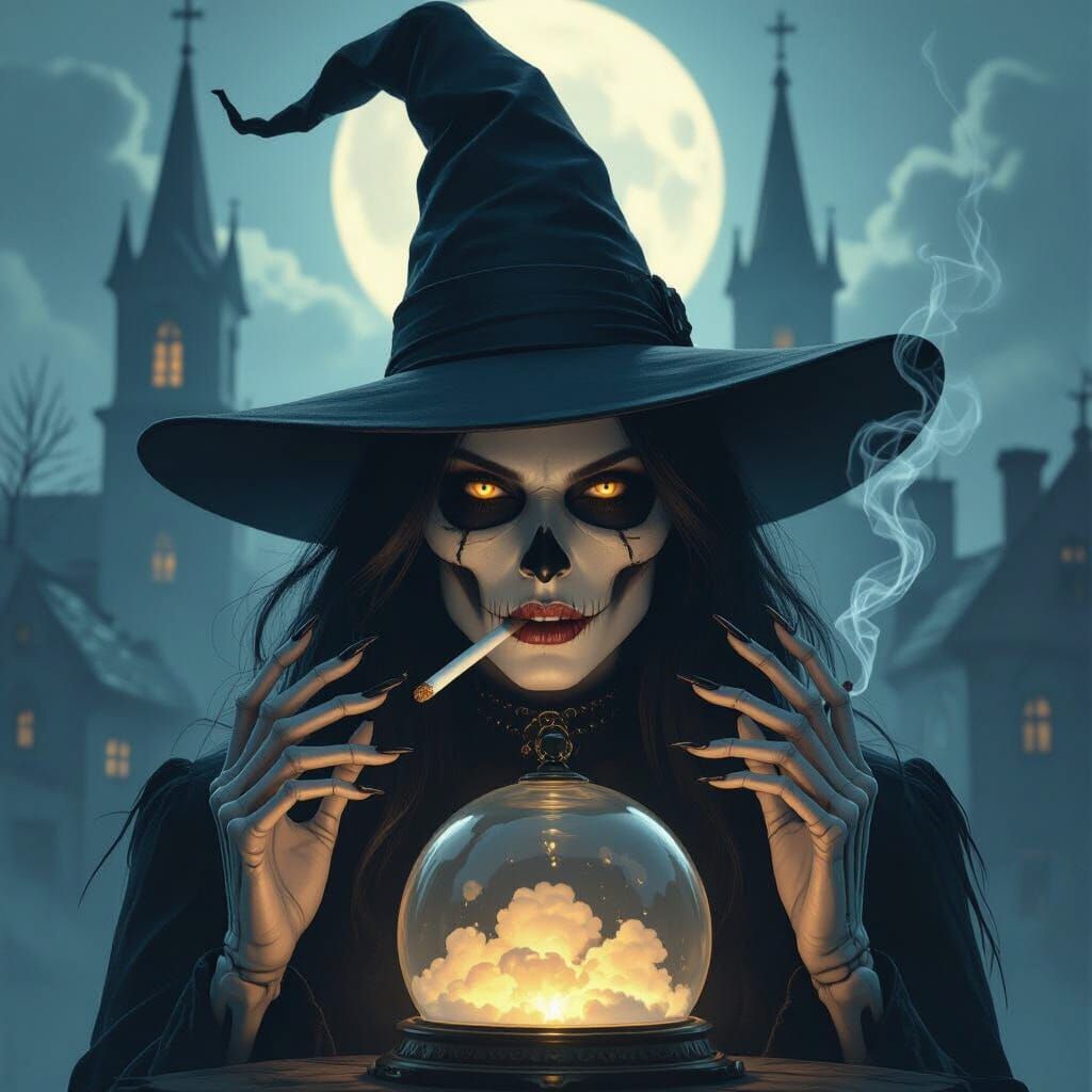 Mysterious Witch with Skeletal Hands and Cloud Dome