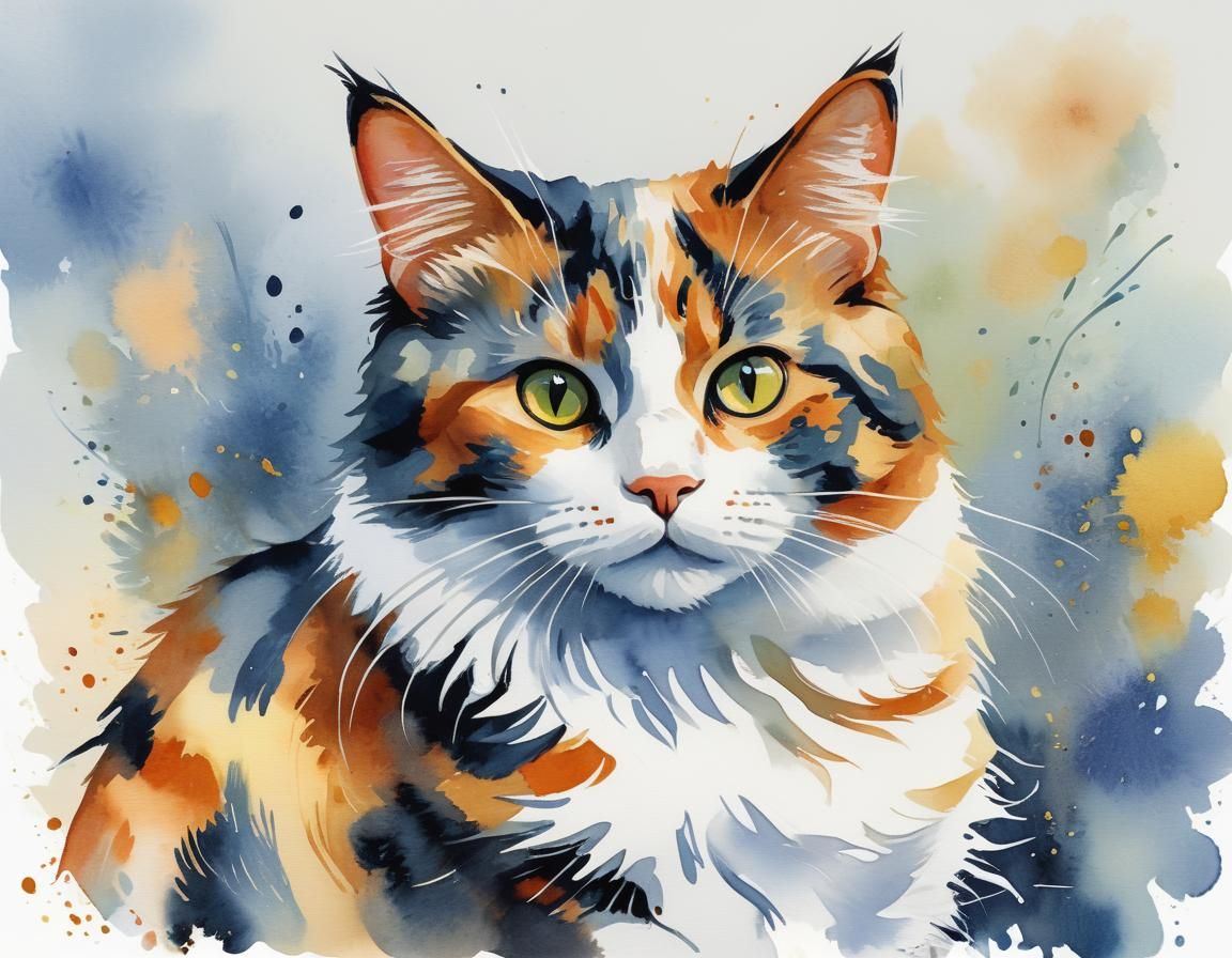 Cute Calico Cat Watercolor Gouache Illustration