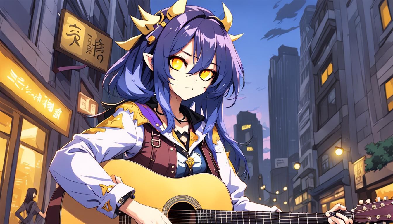 Anime Cowgirl Plays Guitar in Cityscape