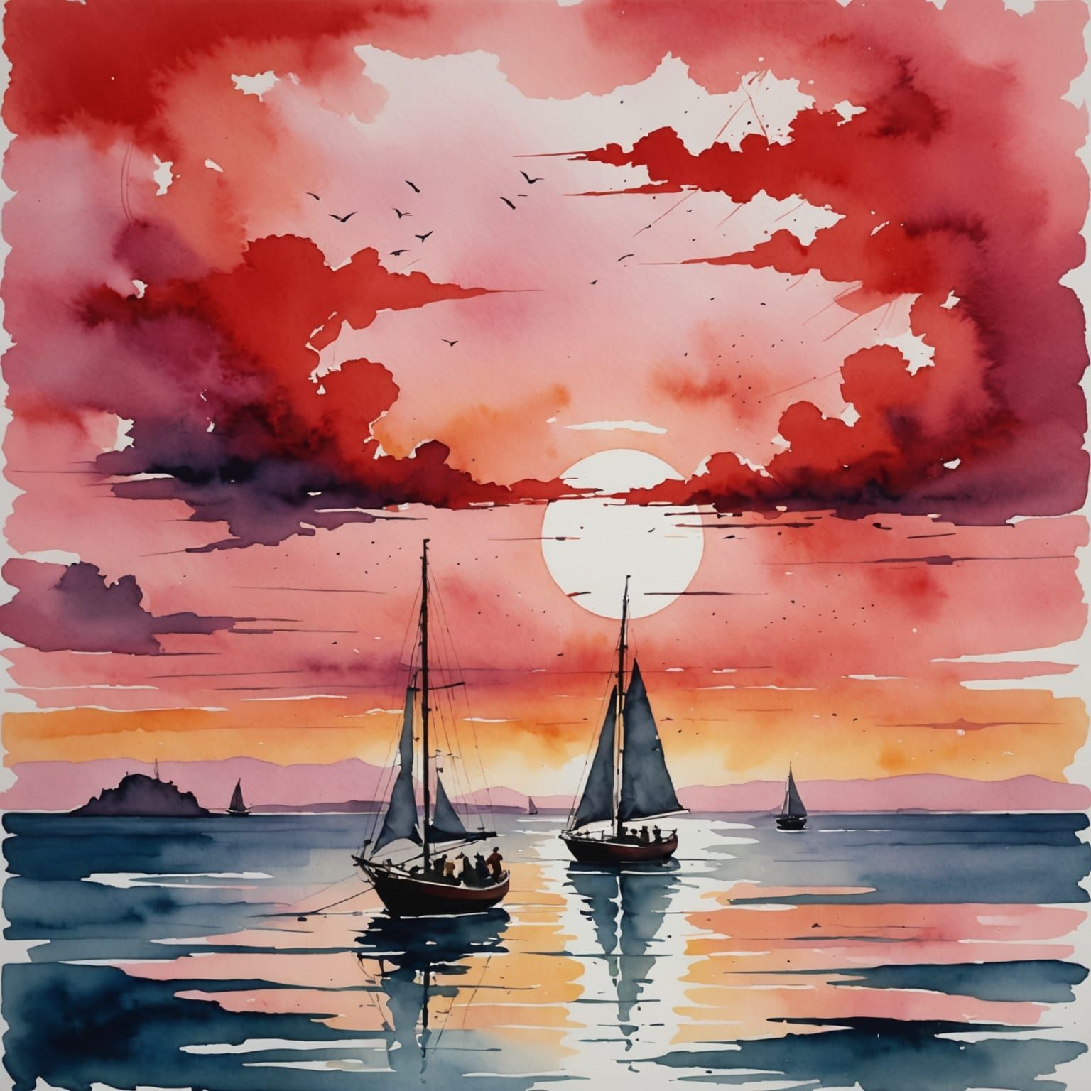 Sailor Reaches for Sunset Amidst European Watercolor Waves