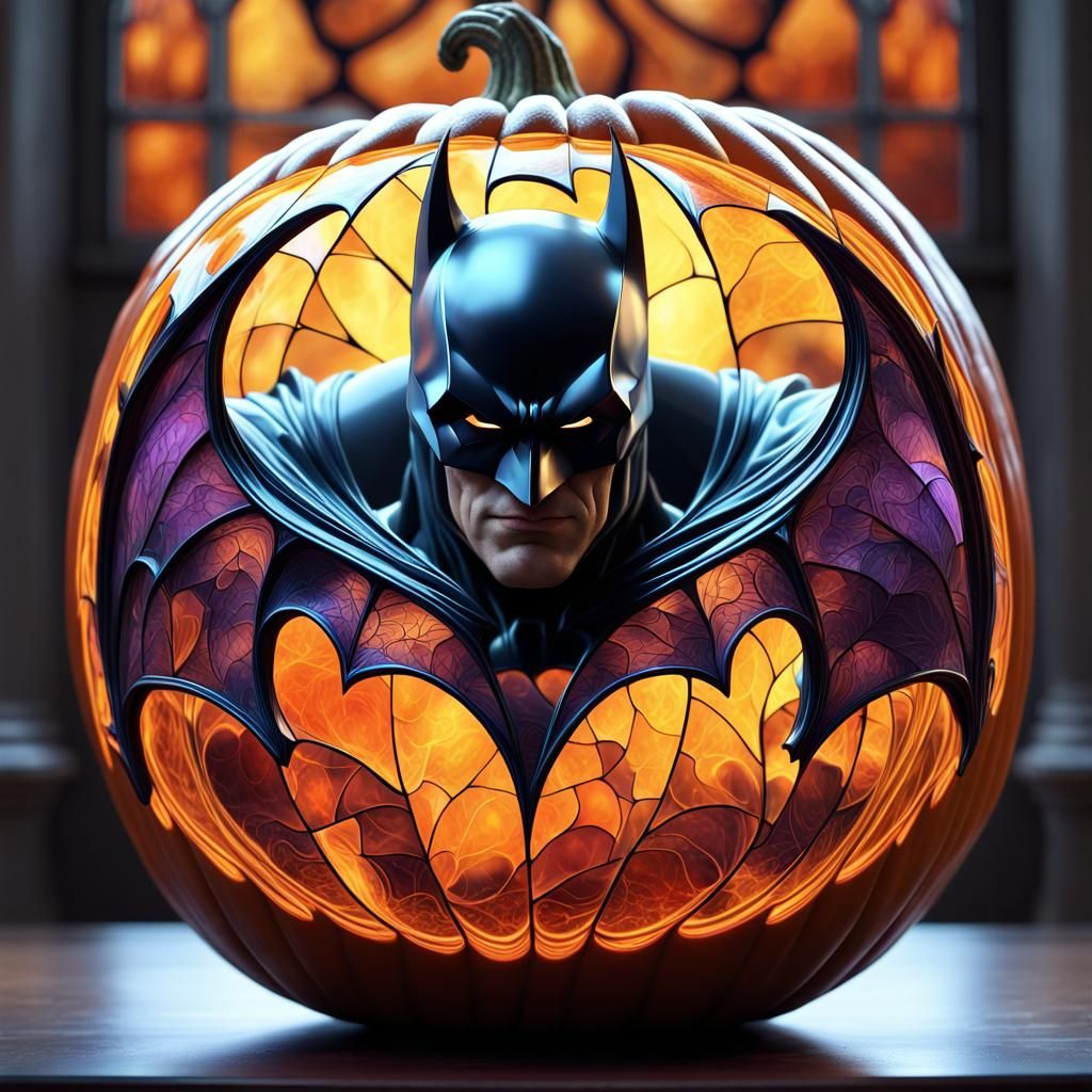 batman  carved in a transparent stained glass pumpkin