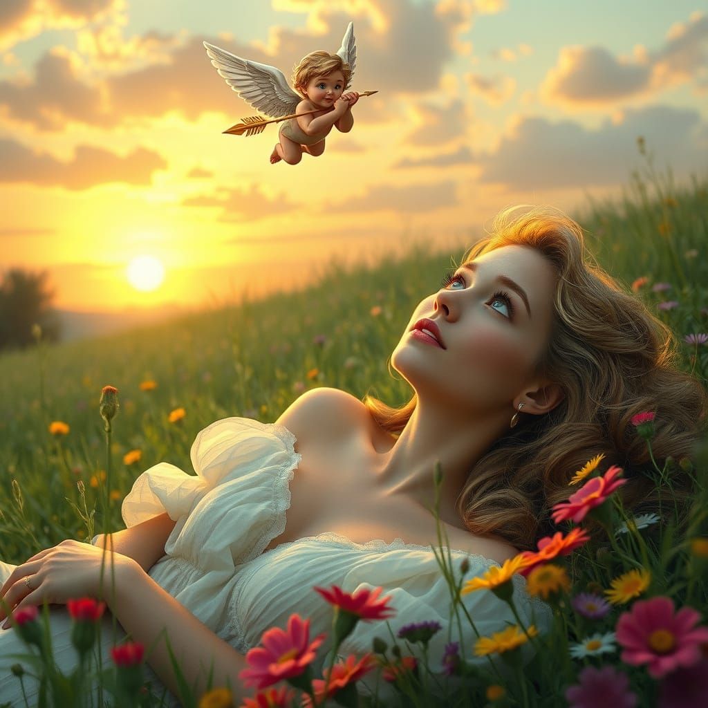 Cupid's Arrow Strikes a Dreamy Woman in Sunset Meadow