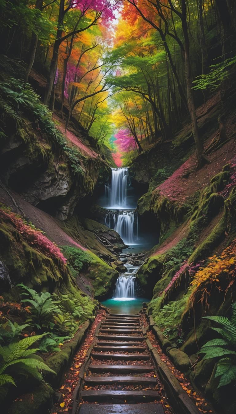 Colorful Light Tunnel Path Through Forest