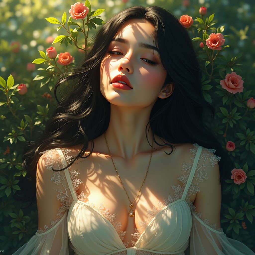 Dreamy Woman Portrait with Lush Foliage in Matte Painting St...